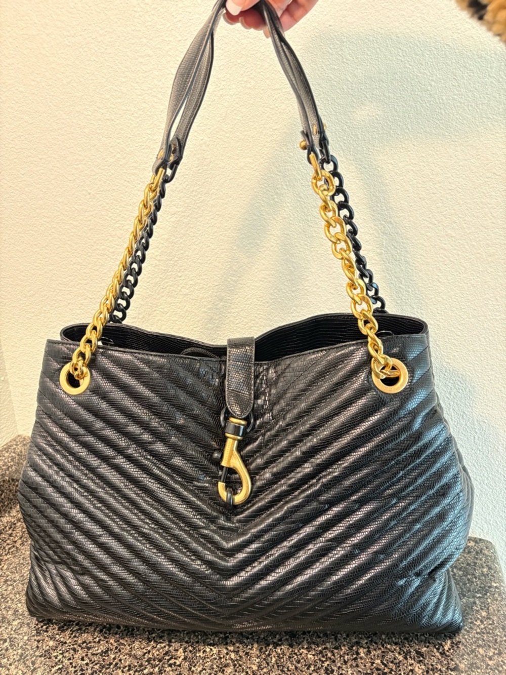 Rebecca Minkoff Edie Black Quilted Chevron Tote with Gold Chain Detail